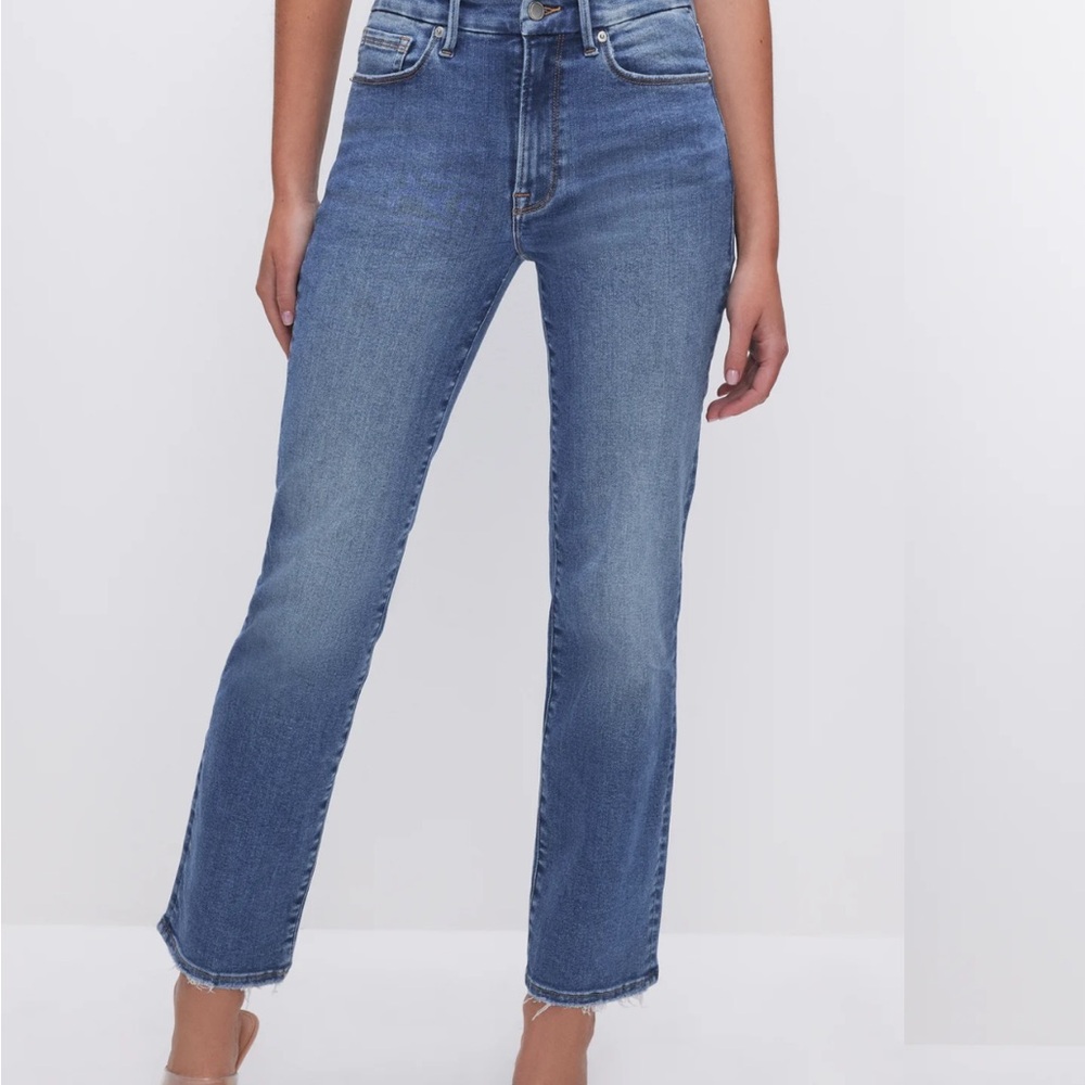 Good American Always Fits size 6-12 Petite Straight Blue Jeans in Indigo wash